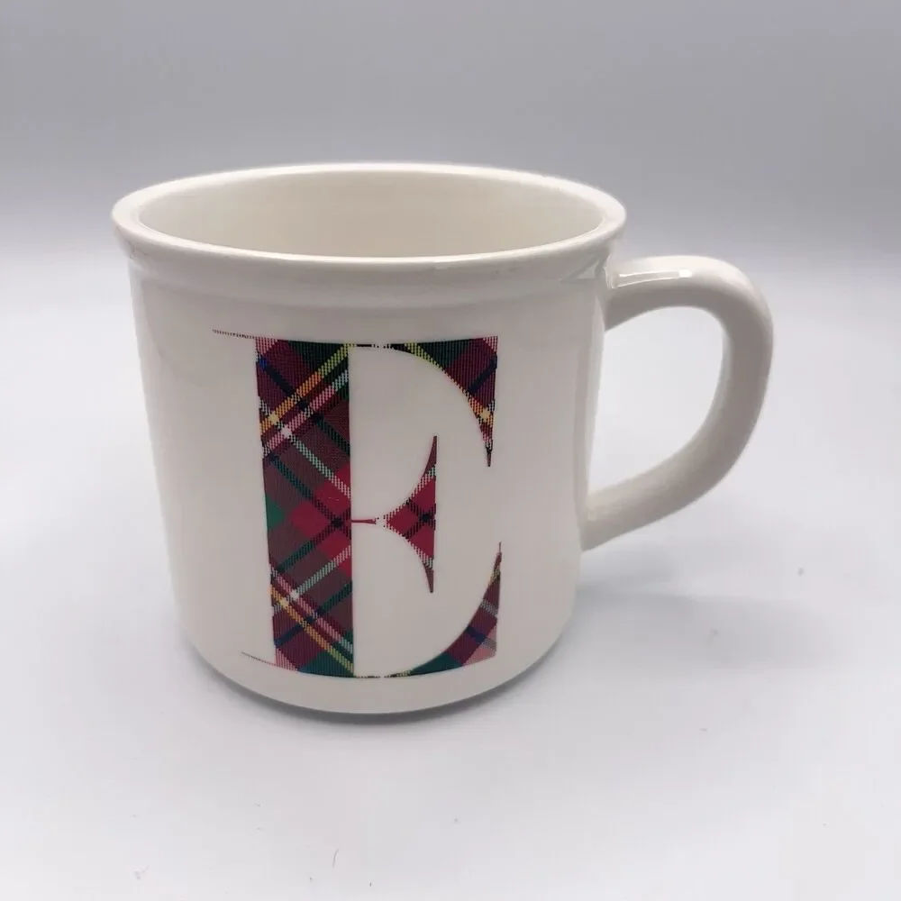 Pottery Barn Monogram Red Plaid “E” Mug